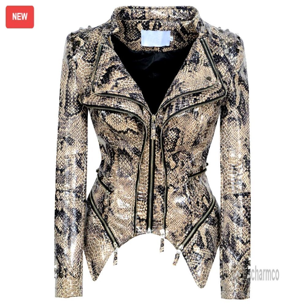 Women's Snake Print Studded Moto Leather Biker Jacket Slim Fit